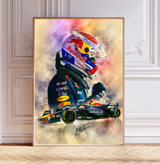 Max Verstappen 2024 Redbull RB20 F1 Car & Helmet Poster Print, Signed Reproduction, Formula One Wall Art