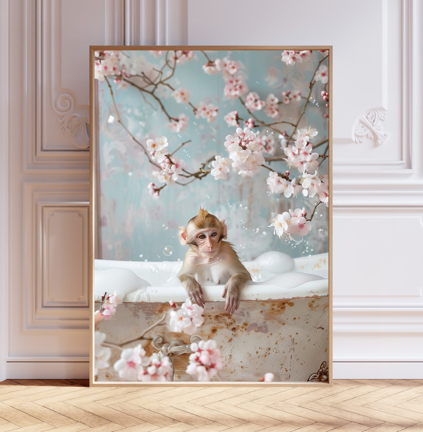 Macaque Monkey in a Bathtub Cherry Blossom Shabby Chic ART PRINT Bathroom Décor