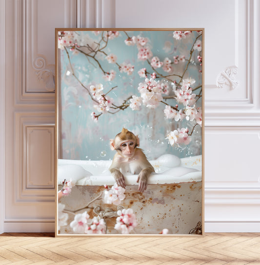 Macaque Monkey in a Bathtub Cherry Blossom Shabby Chic ART PRINT Bathroom Décor