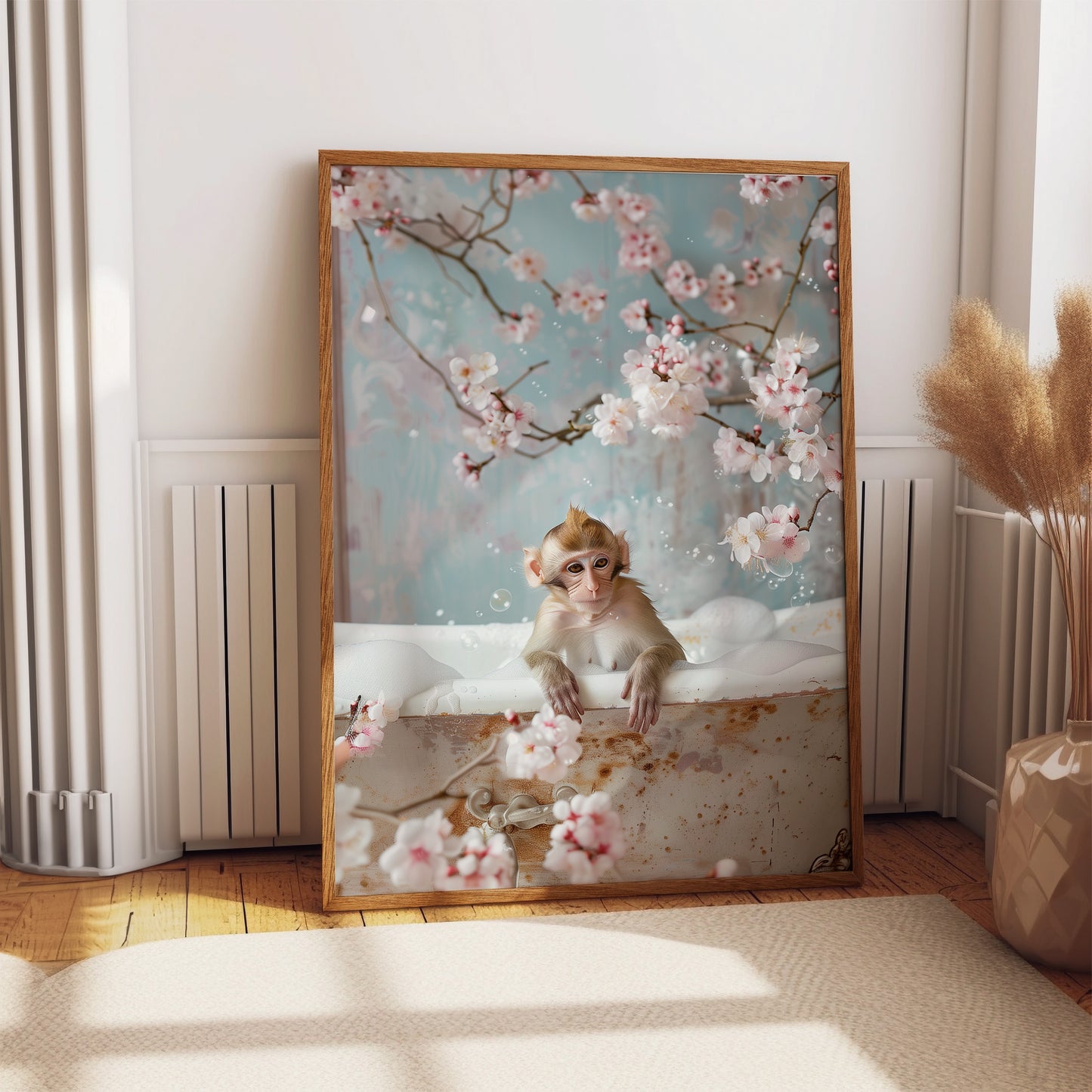 Macaque Monkey in a Bathtub Cherry Blossom Shabby Chic ART PRINT Bathroom Décor