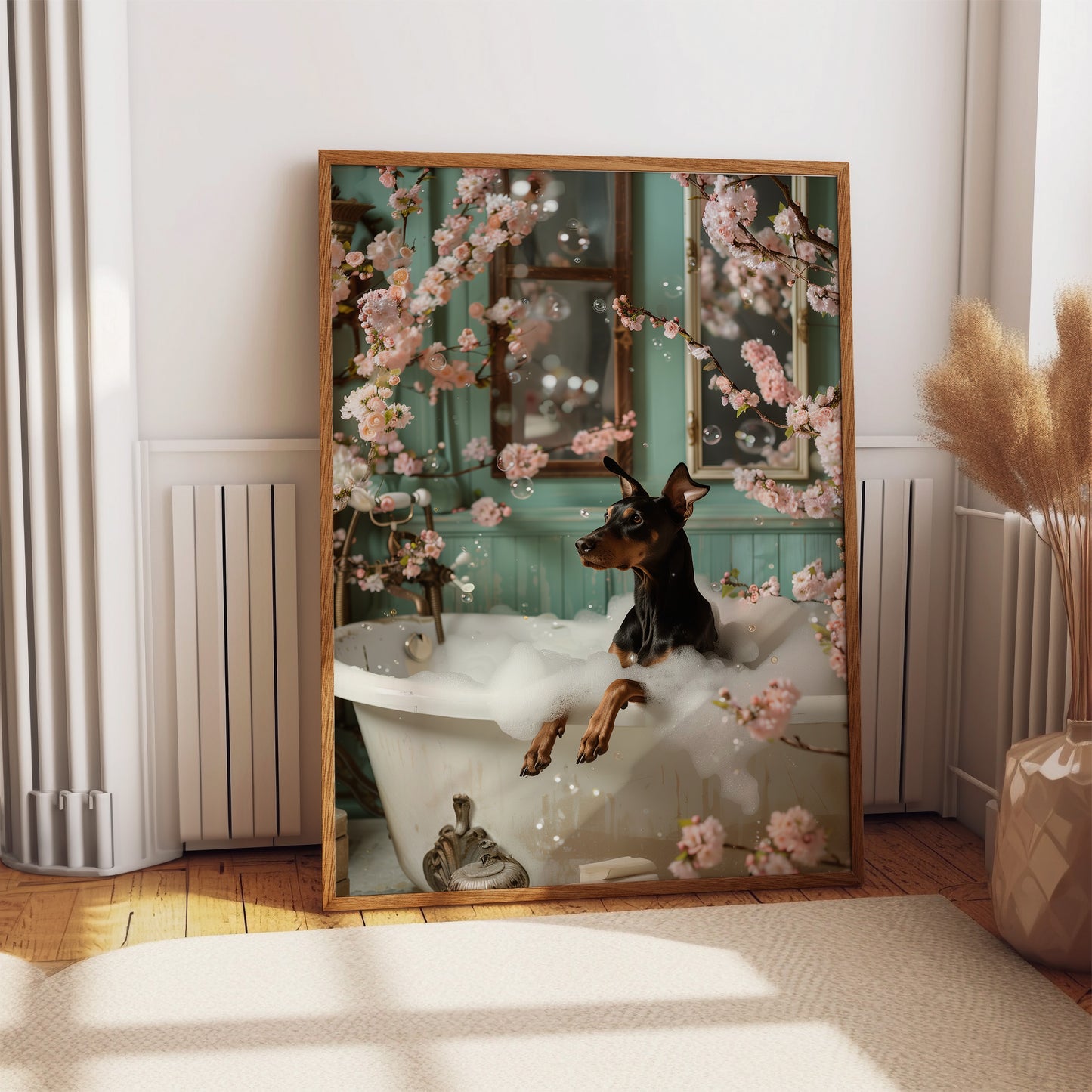 Doberman Pinscher in a Bathtub WALL ART PRINT Poster Shabby Chic Bathroom Décor