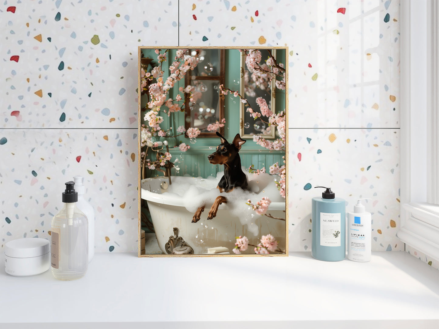 Doberman Pinscher in a Bathtub WALL ART PRINT Poster Shabby Chic Bathroom Décor
