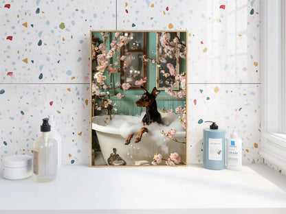 Doberman Pinscher in a Bathtub WALL ART PRINT Poster Shabby Chic Bathroom Décor