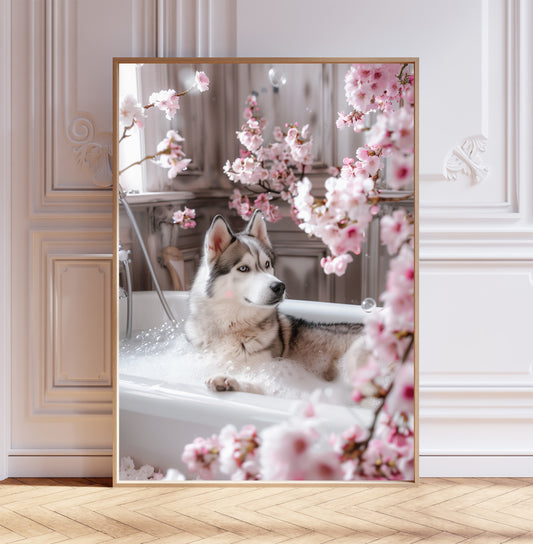 Husky in a Bathtub Cherry Blossom Shabby Chic ART PRINT Poster Bathroom Décor