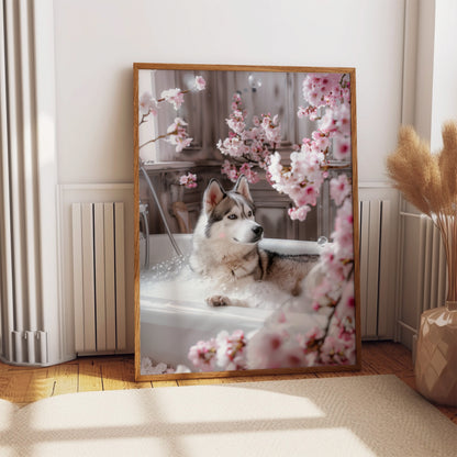 Husky in a Bathtub Cherry Blossom Shabby Chic ART PRINT Poster Bathroom Décor