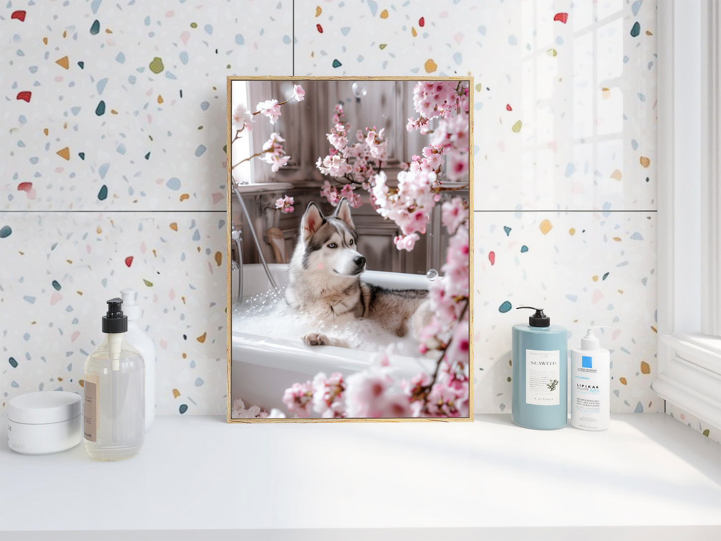 Husky in a Bathtub Cherry Blossom Shabby Chic ART PRINT Poster Bathroom Décor