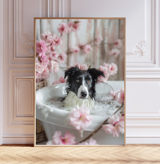 Border Collie in a Bathtub Cherry Blossom ART PRINT Shabby Chic Bathroom Décor