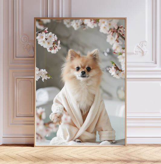 Pomeranian in a Bathrobe Shabby Chic WALL ART PRINT Poster Bathroom Wall Décor