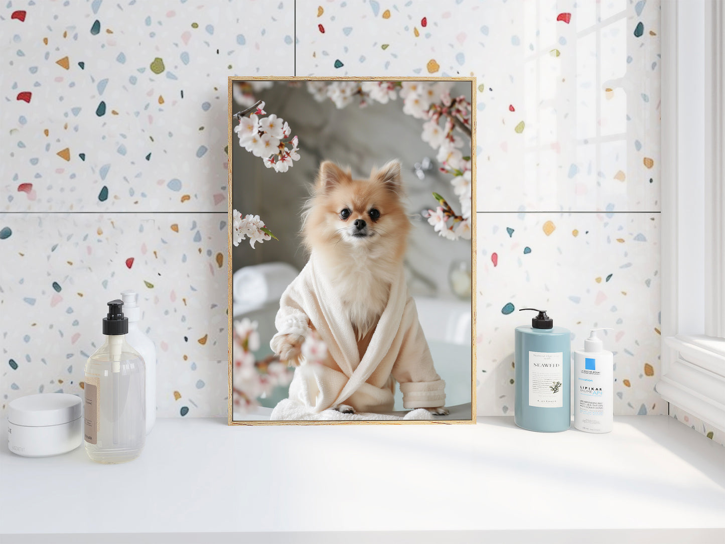 Pomeranian in a Bathrobe Shabby Chic WALL ART PRINT Poster Bathroom Wall Décor