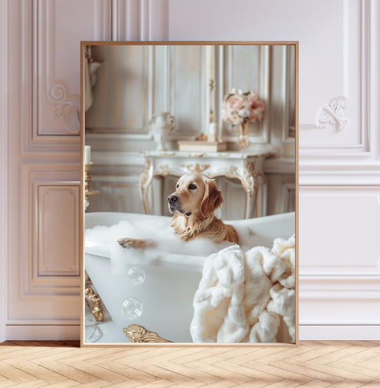 Golden Retriever Having a Bath Shabby Chic ART PRINT Poster Funny Bathroom Décor