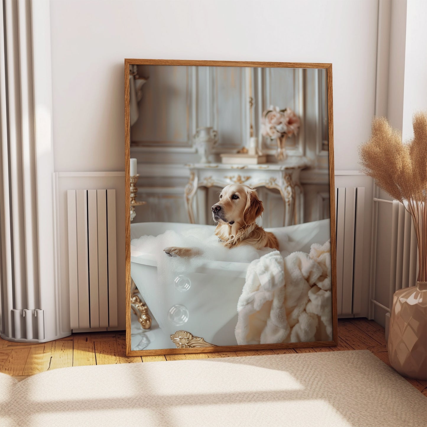 Golden Retriever Having a Bath Shabby Chic ART PRINT Poster Funny Bathroom Décor
