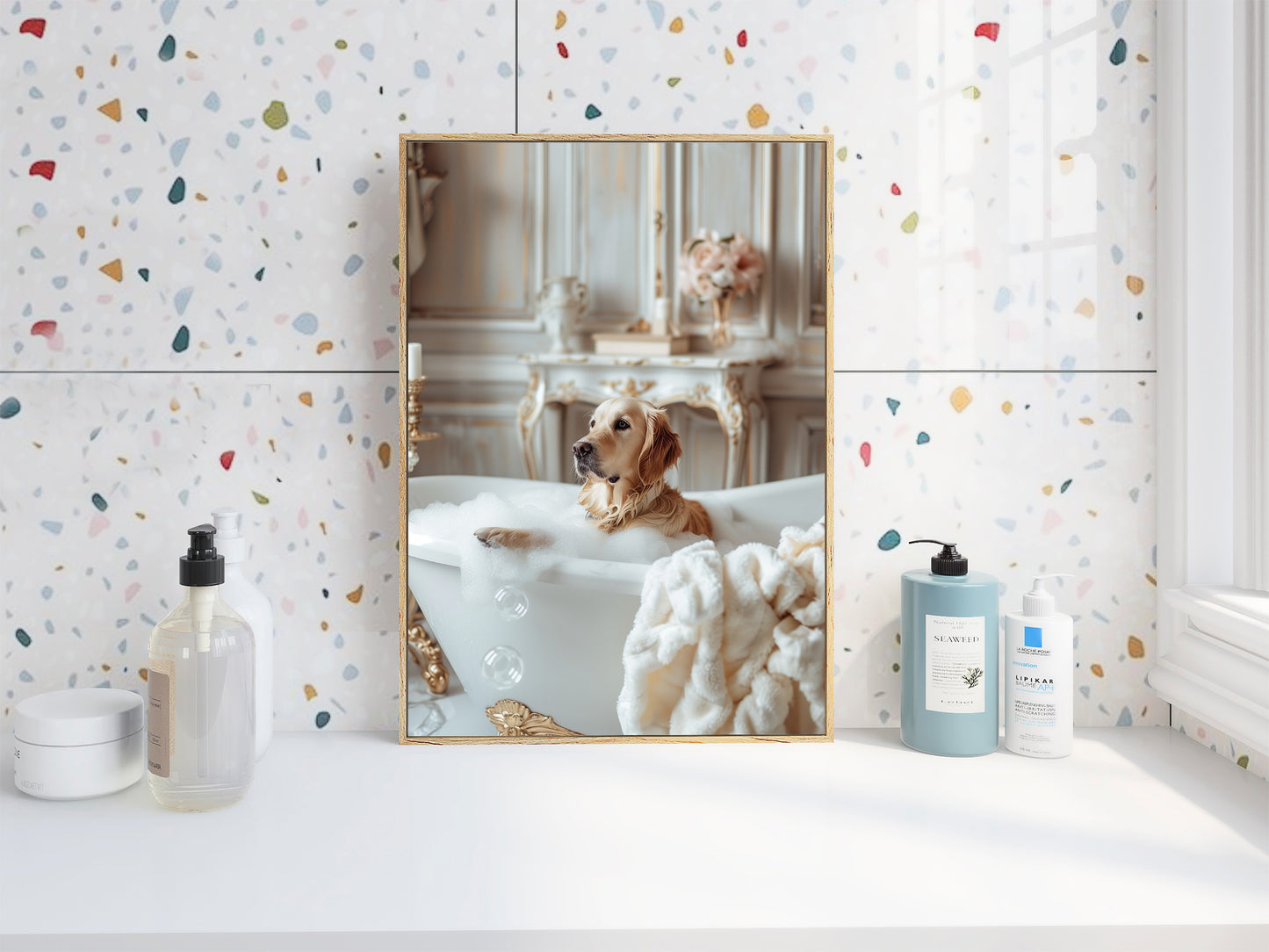 Golden Retriever Having a Bath Shabby Chic ART PRINT Poster Funny Bathroom Décor