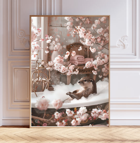 Otter in a Bathtub Cherry Blossom Shabby Chic ART PRINT Poster Bathroom Décor