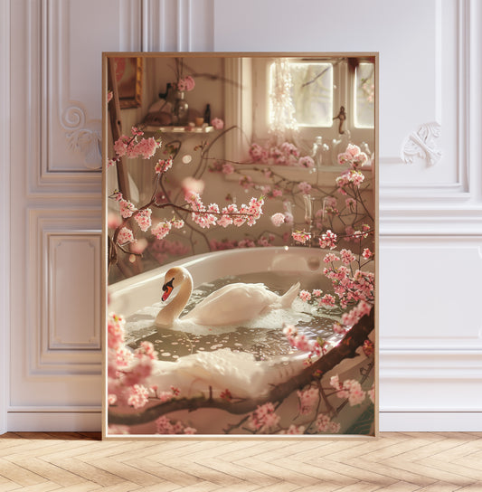 Swan in a Bathtub Cherry Blossom ART PRINT Poster Shabby Chic Bathroom Décor