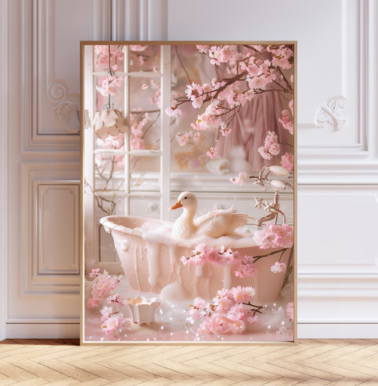 Duck in a Bathtub Cherry Blossom Shabby Chic ART PRINT Poster Bathroom Décor