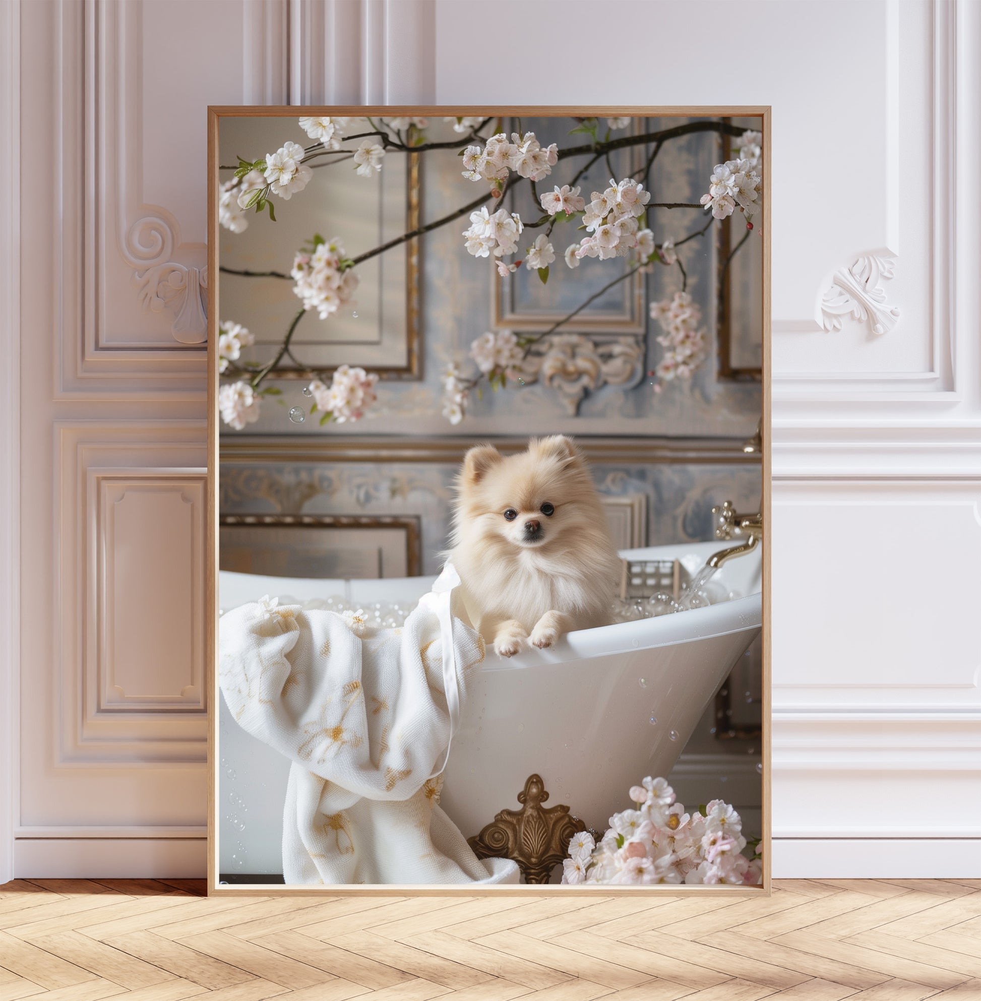 Pomeranian in a Bathtub Shabby Chic WALL ART PRINT Poster Bathroom Wall Décor