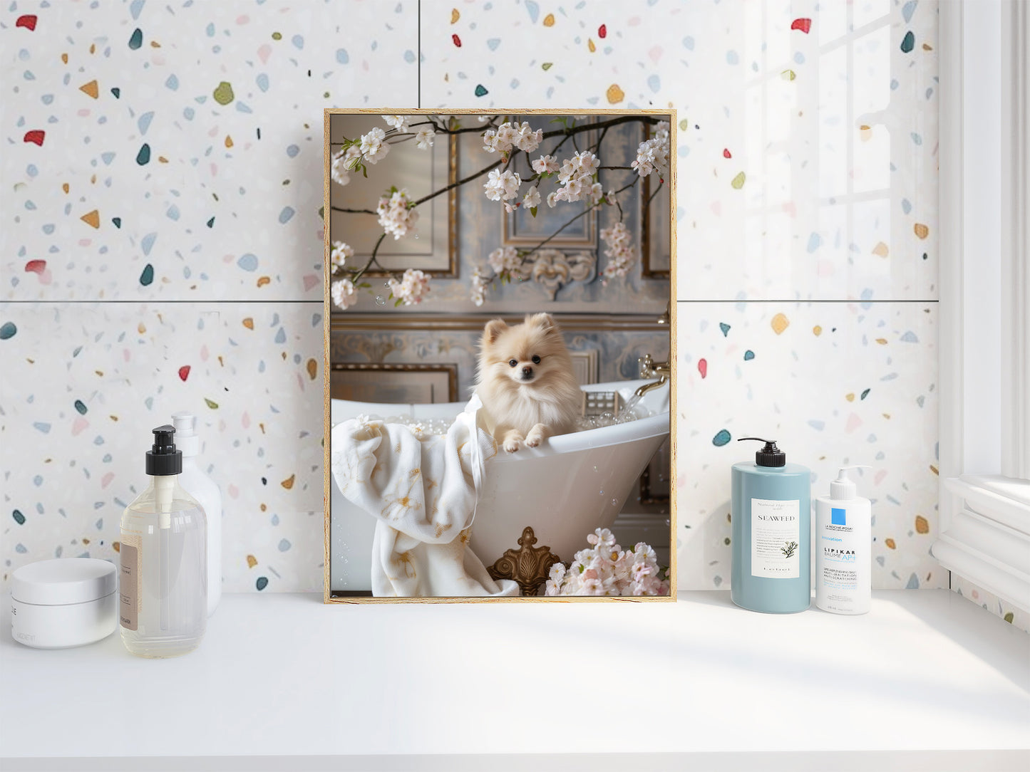 Pomeranian in a Bathtub Shabby Chic WALL ART PRINT Poster Bathroom Wall Décor