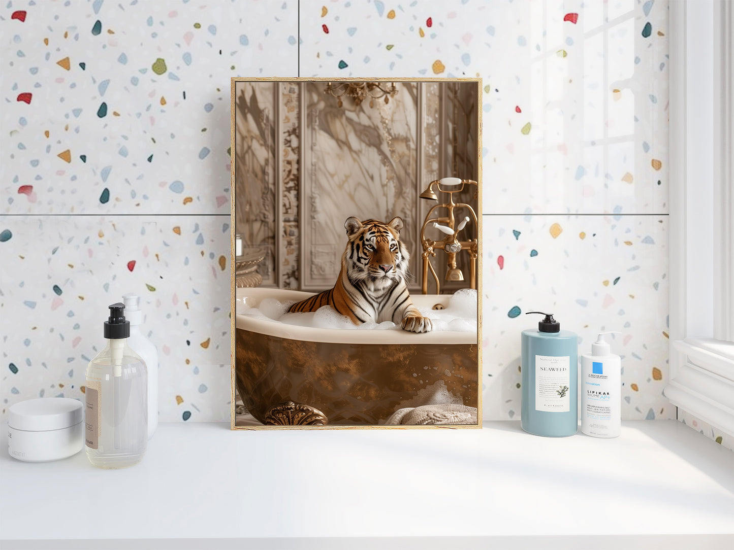 Tiger Having a Bath Shabby Chic ART PRINT Poster Funny Bathroom Décor