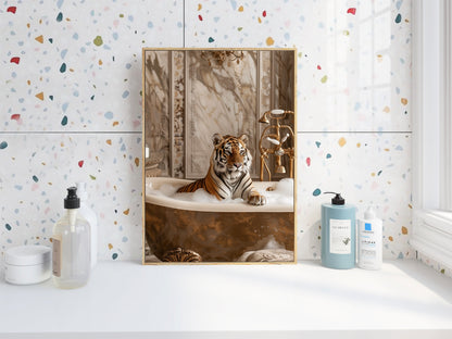 Tiger Having a Bath Shabby Chic ART PRINT Poster Funny Bathroom Décor