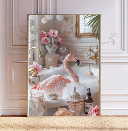 Pink Flamingo Having a Bath Shabby Chic ART PRINT Poster Funny Bathroom Décor 