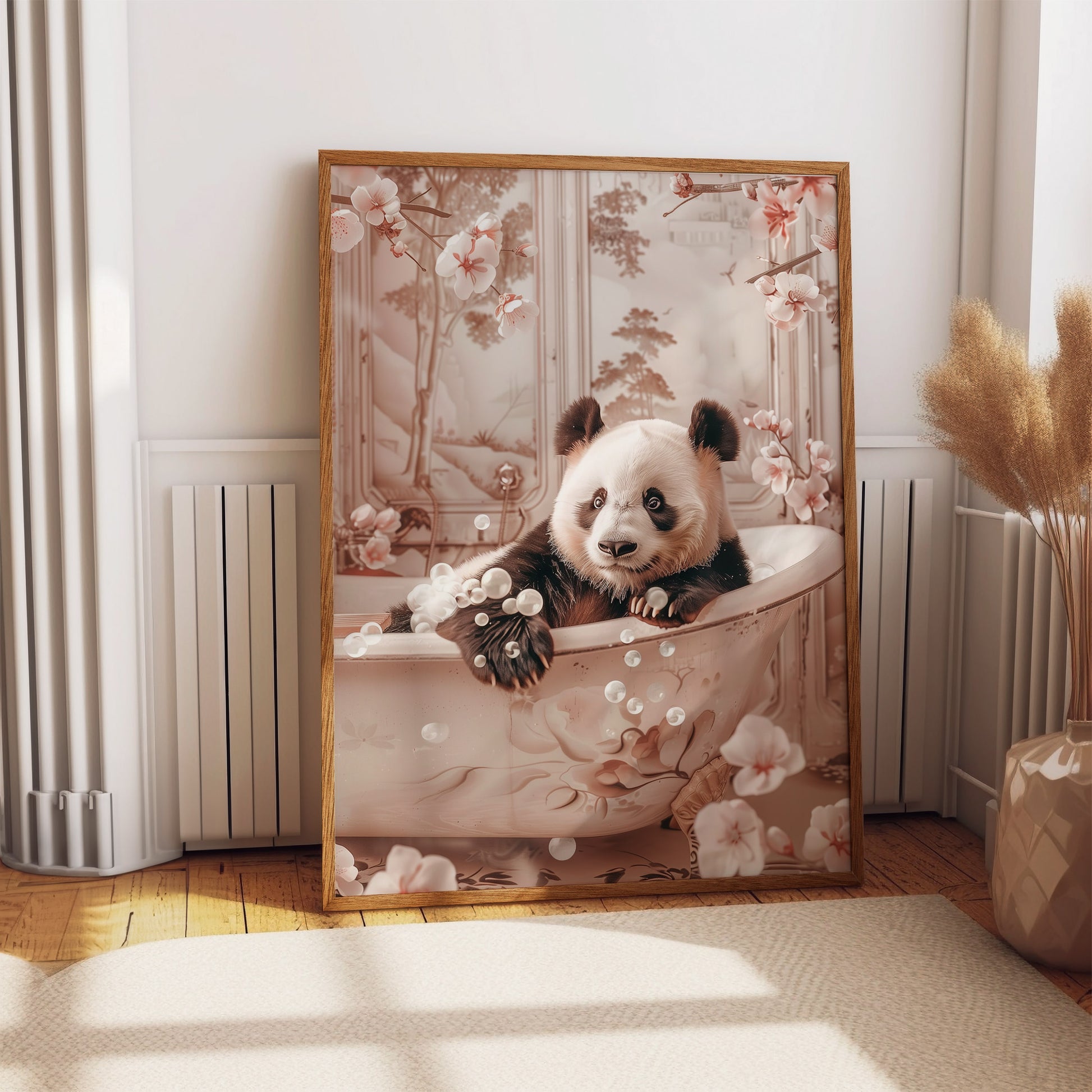 Panda in a Bathtub Floral Shabby Chic ART PRINT Poster Funny Bathroom Décor