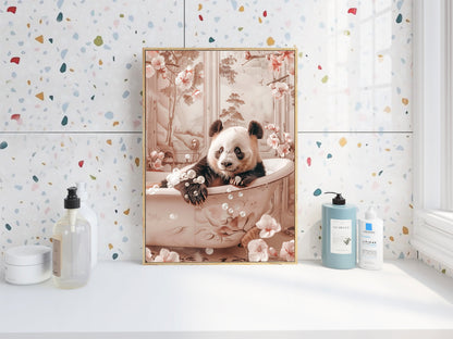 Panda in a Bathtub Floral Shabby Chic ART PRINT Poster Funny Bathroom Décor