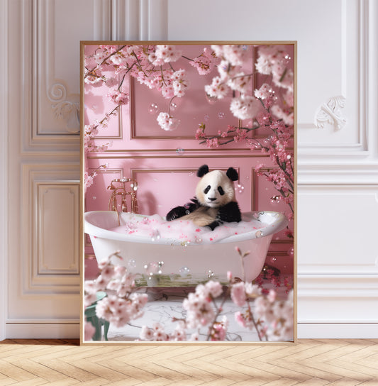 Panda Having A Bath Floral Shabby Chic ART PRINT Poster Funny Bathroom Décor