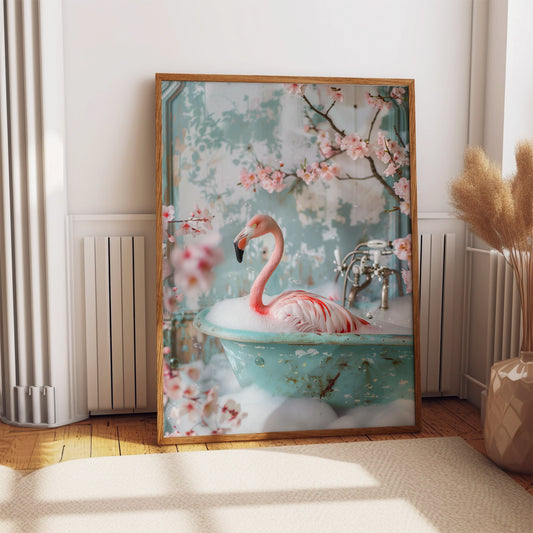 Pink Flamingo in a Bathtub Shabby Chic ART PRINT Poster Funny Bathroom Décor