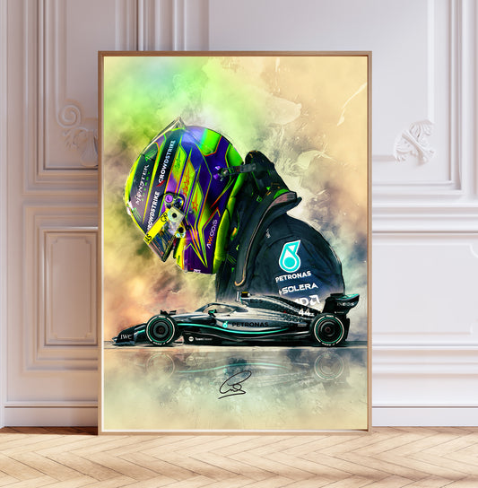 Lewis Hamilton 2024 Mercedes W15 F1 Car & Helmet Poster Print, Signed Reproduction, Formula One Wall Art