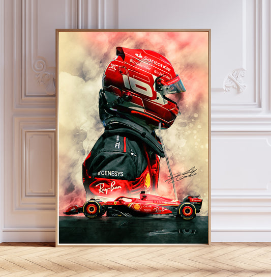 Charles Leclerc 2024 Ferrari SF24 F1 Car & Helmet Poster Print, Signed Reproduction, Formula One Wall Art