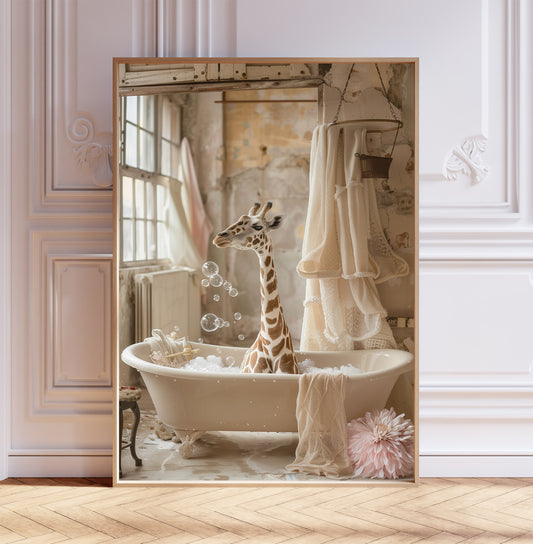 Giraffe Having a Bath Shabby Chic ART PRINT Poster Funny Bathroom Décor