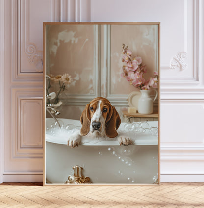 Basset Hound in a Bathtub Shabby Chic WALL ART PRINT Poster Bathroom Wall Décor