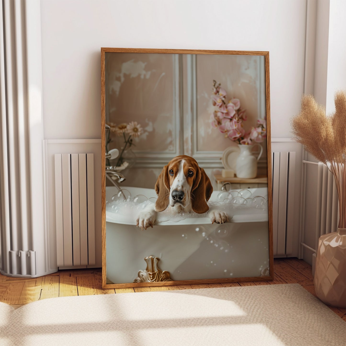 Basset Hound in a Bathtub Shabby Chic WALL ART PRINT Poster Bathroom Wall Décor