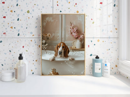 Basset Hound in a Bathtub Shabby Chic WALL ART PRINT Poster Bathroom Wall Décor