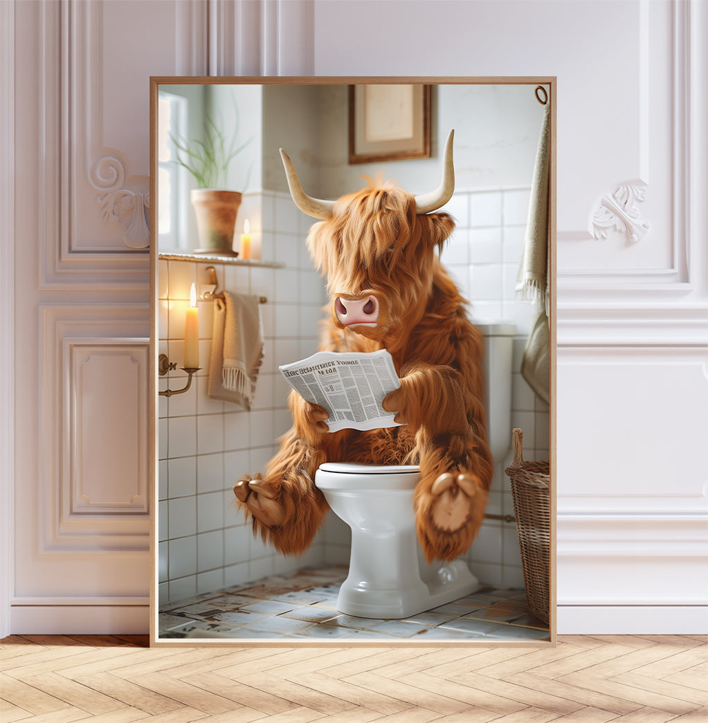 Highland Cow on the Toilet With a Newspaper Print, Whimsy Art, Scotland Cow with Paper Funny Bathroom Poster, Animal on Toilet, A1,A2,A3,A4