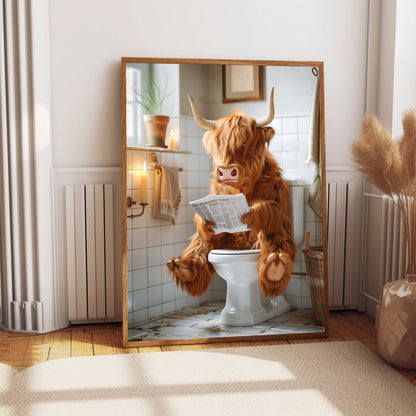 Highland Cow on the Toilet With a Newspaper Print, Whimsy Art, Scotland Cow with Paper Funny Bathroom Poster, Animal on Toilet, A1,A2,A3,A4