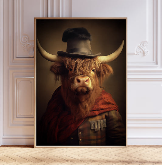 Victorian Highland Cow Art Print, Dark Academia Poster, Highland Cow Poster, Vintage Wall Décor, Victorian Animal Art Gift Idea, A1,A2,A3,A4