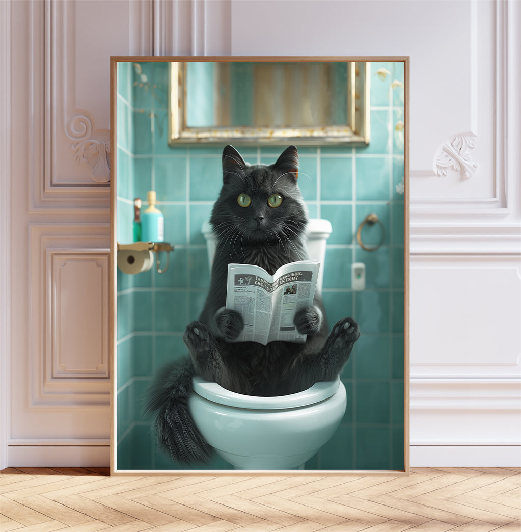 Black Cat on the Toilet With a Newspaper Print, Whimsy Wall Art, Cat with Paper Funny Bathroom Poster, Animal on Toilet, Gift, A1,A2,A3,A4