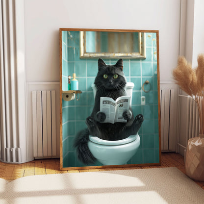 Black Cat on the Toilet With a Newspaper Print, Whimsy Wall Art, Cat with Paper Funny Bathroom Poster, Animal on Toilet, Gift, A1,A2,A3,A4