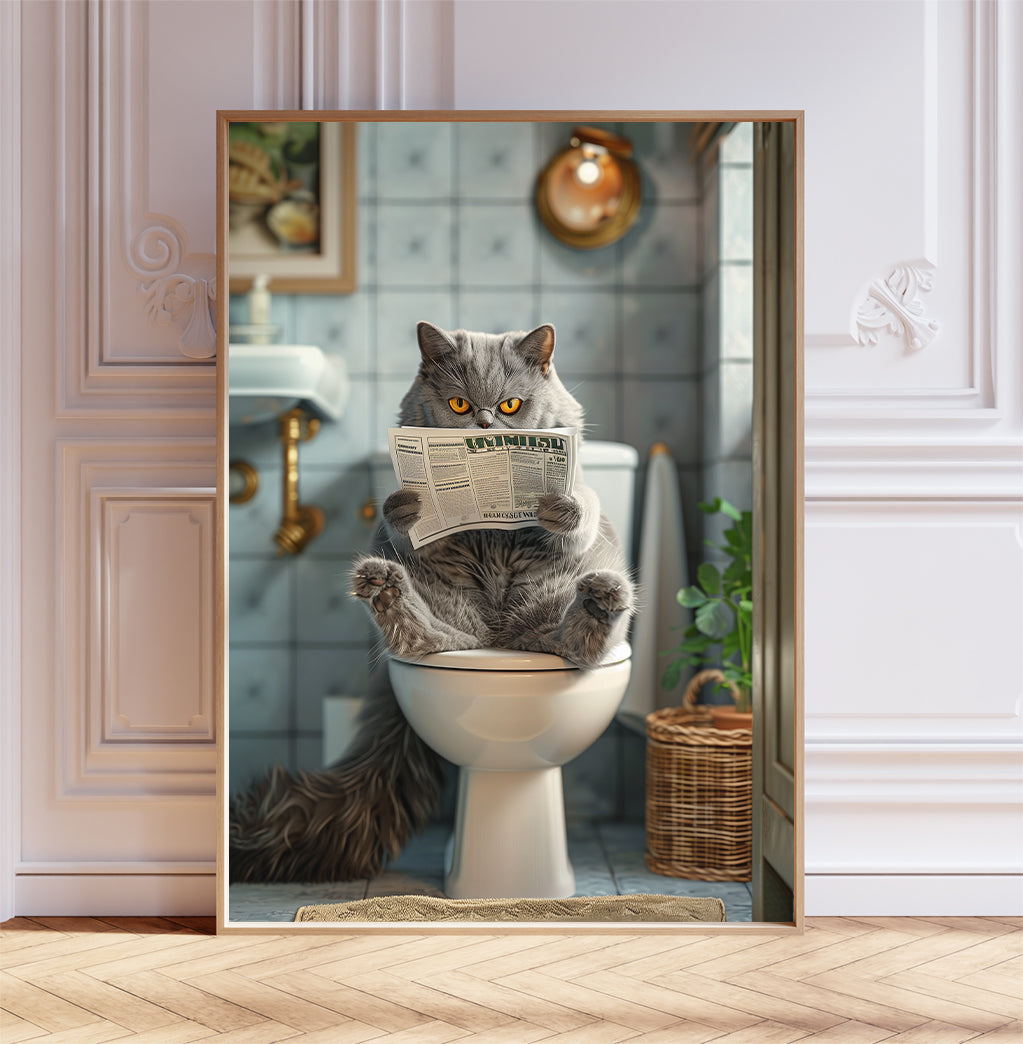 Cat on the Toilet With a Newspaper Print, Whimsy Wall Art, Cat with Paper Funny Bathroom Poster, Animal on Toilet, Gift Idea, A1,A2,A3,A4