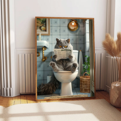 Cat on the Toilet With a Newspaper Print, Whimsy Wall Art, Cat with Paper Funny Bathroom Poster, Animal on Toilet, Gift Idea, A1,A2,A3,A4