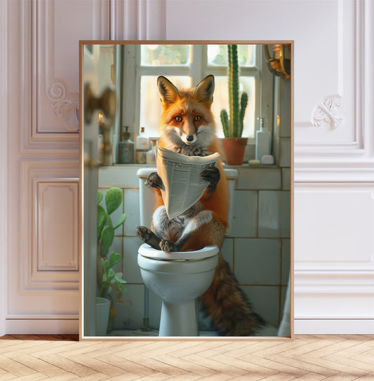 Fox on the Toilet With a Newspaper Print, Whimsy Wall Art, Fox with Paper Funny Bathroom Poster, Animal on Toilet, Gift Idea, A1,A2,A3,A4