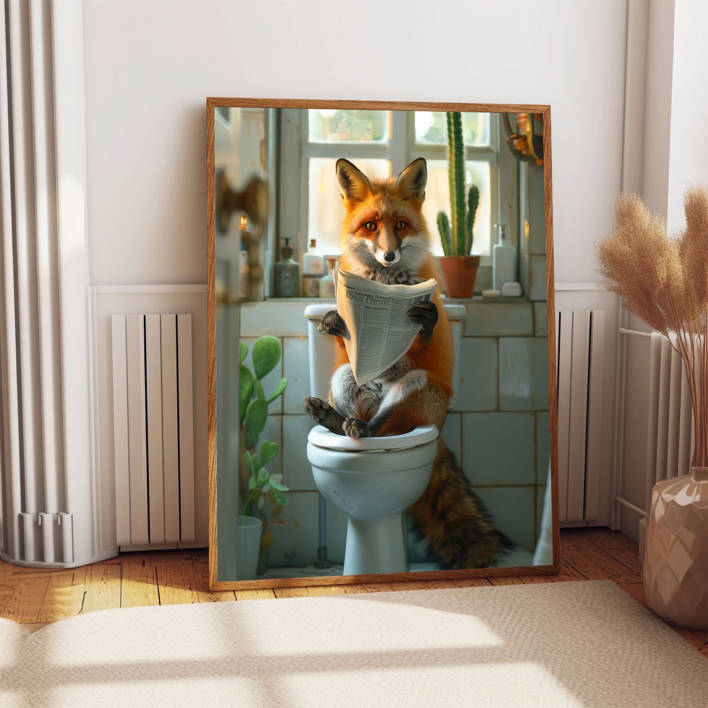 Fox on the Toilet With a Newspaper Print, Whimsy Wall Art, Fox with Paper Funny Bathroom Poster, Animal on Toilet, Gift Idea, A1,A2,A3,A4