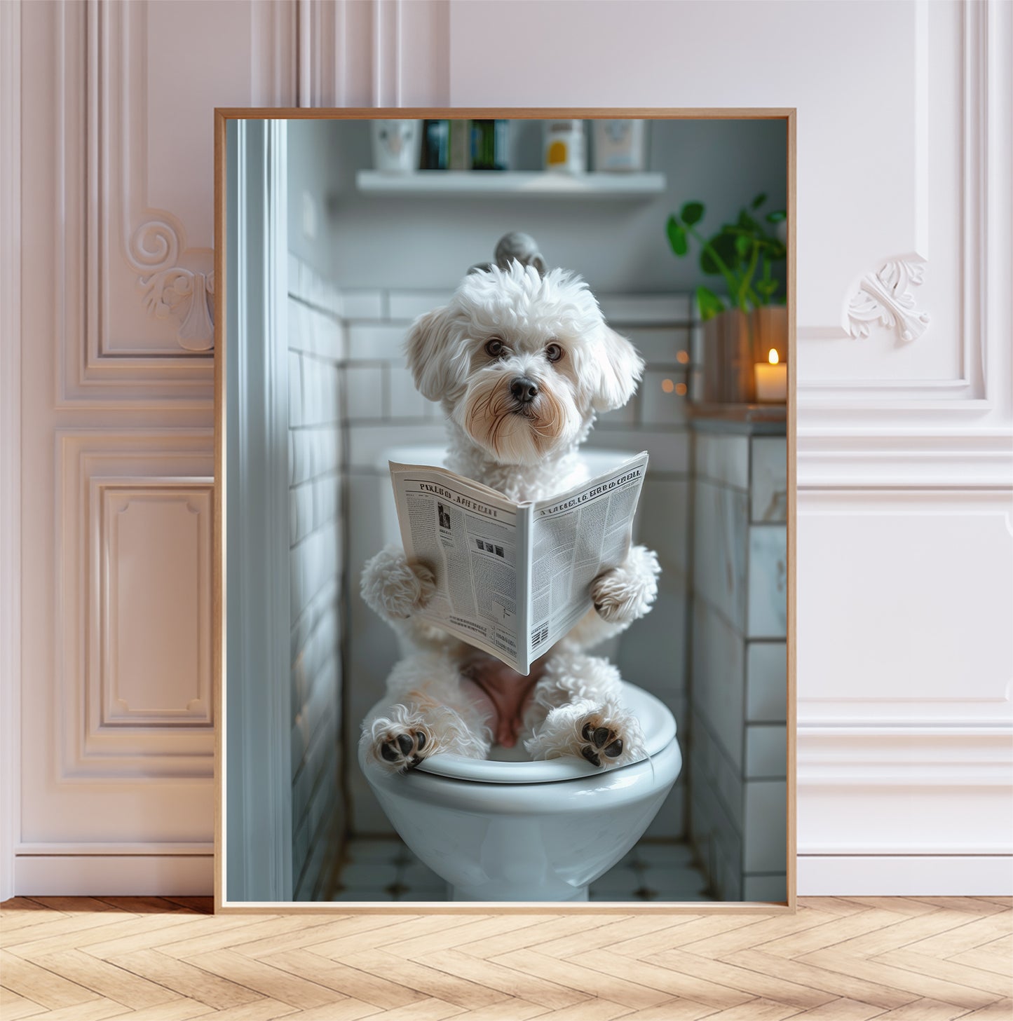 Maltipoo on the Toilet With a Newspaper Print, Whimsy Wall Art, Maltipoo with Paper Funny Bathroom Poster, Animal on Toilet, A1,A2,A3,A4