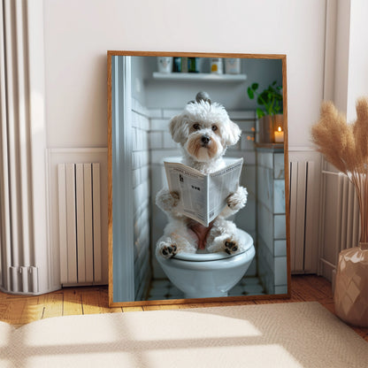 Maltipoo on the Toilet With a Newspaper Print, Whimsy Wall Art, Maltipoo with Paper Funny Bathroom Poster, Animal on Toilet, A1,A2,A3,A4