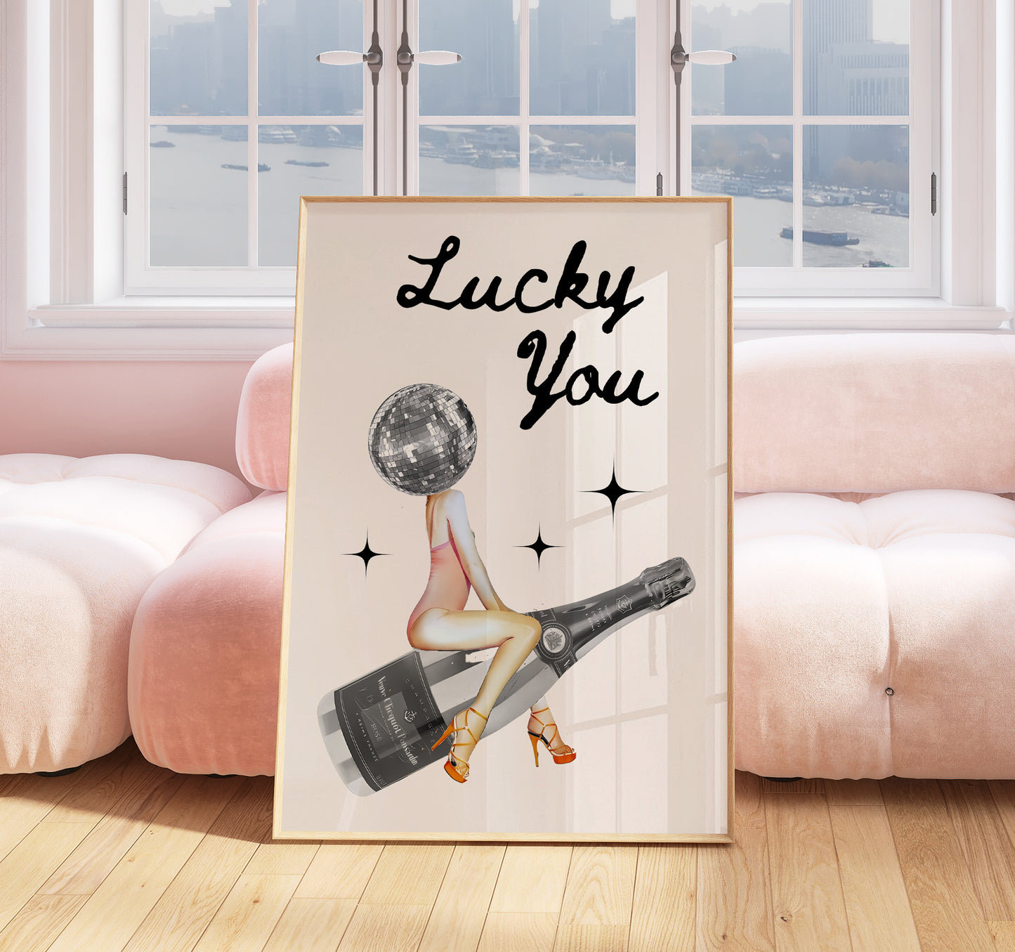 Retro Champagne Print - Retro Print - Cute Poster - Eclectic Room Decor - Funky Prints - Girls Room Poster - Lucky You Disco Ball Print