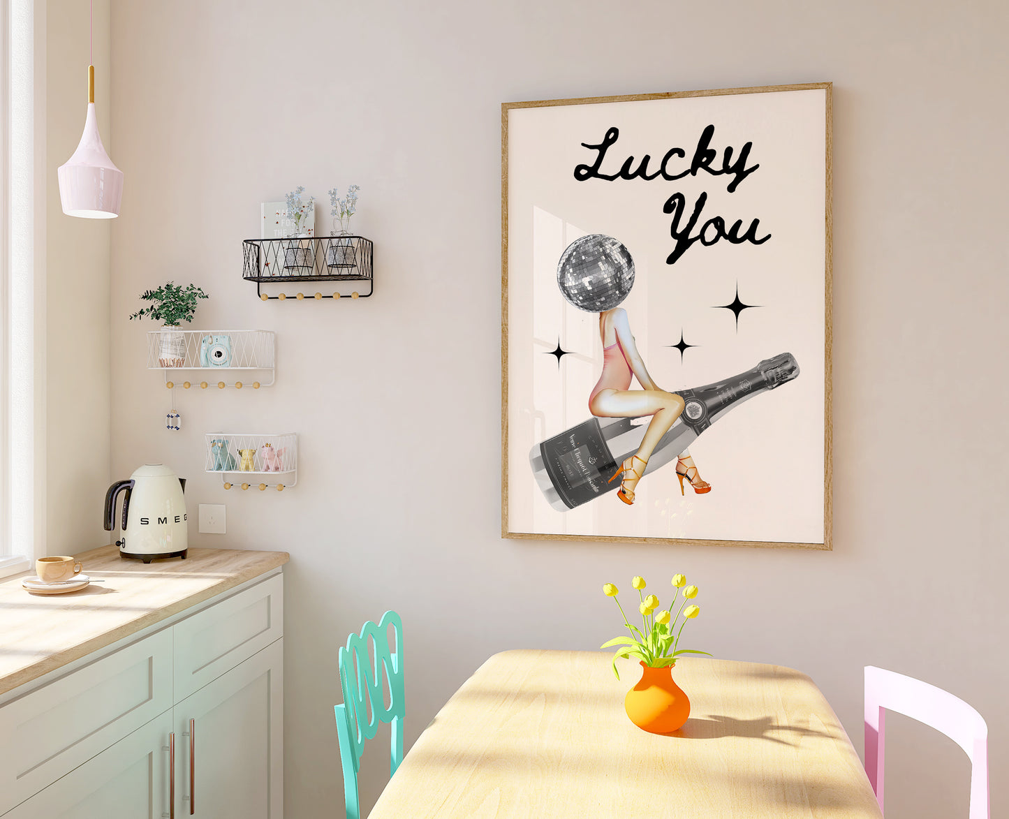 Retro Champagne Print - Retro Print - Cute Poster - Eclectic Room Decor - Funky Prints - Girls Room Poster - Lucky You Disco Ball Print