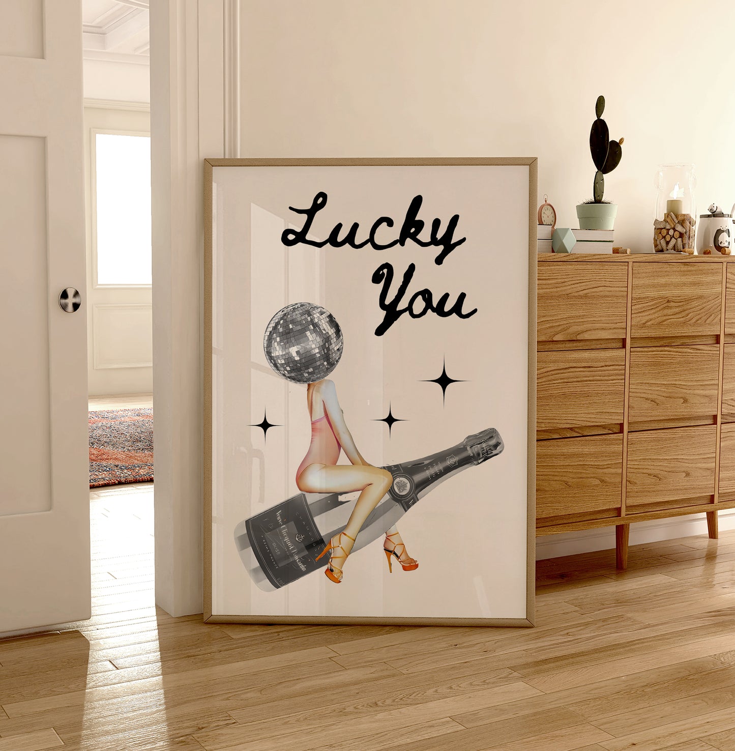 Retro Champagne Print - Retro Print - Cute Poster - Eclectic Room Decor - Funky Prints - Girls Room Poster - Lucky You Disco Ball Print