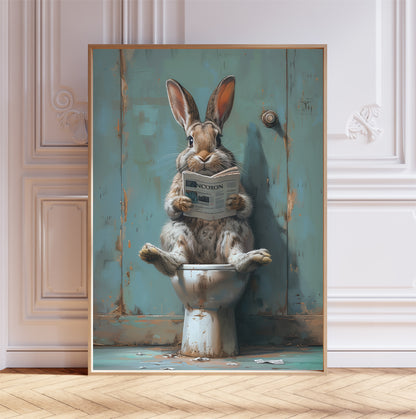 Rabbit on the Toilet With a Newspaper Print, Whimsy Wall Art, Rabbit with Paper Funny Bathroom Poster, Animal on Toilet, A1,A2,A3,A4