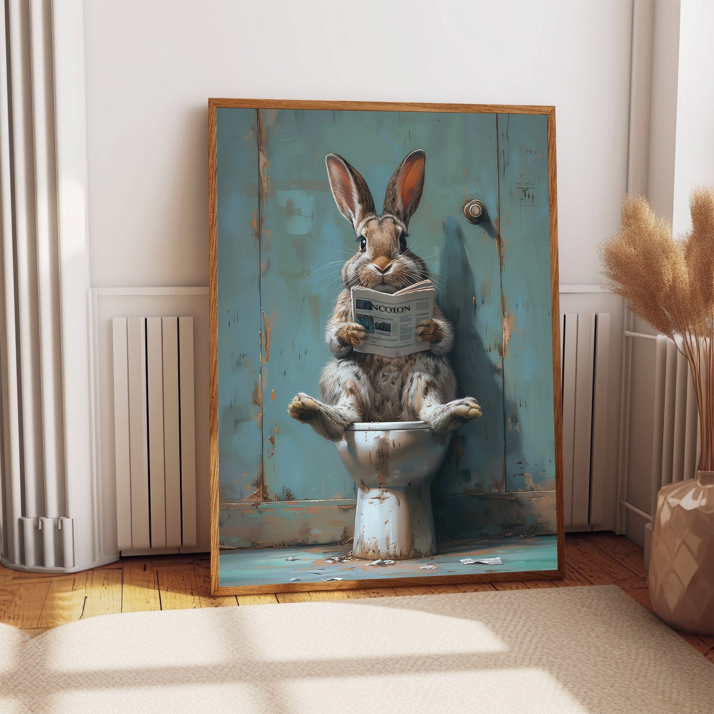 Rabbit on the Toilet With a Newspaper Print, Whimsy Wall Art, Rabbit with Paper Funny Bathroom Poster, Animal on Toilet, A1,A2,A3,A4